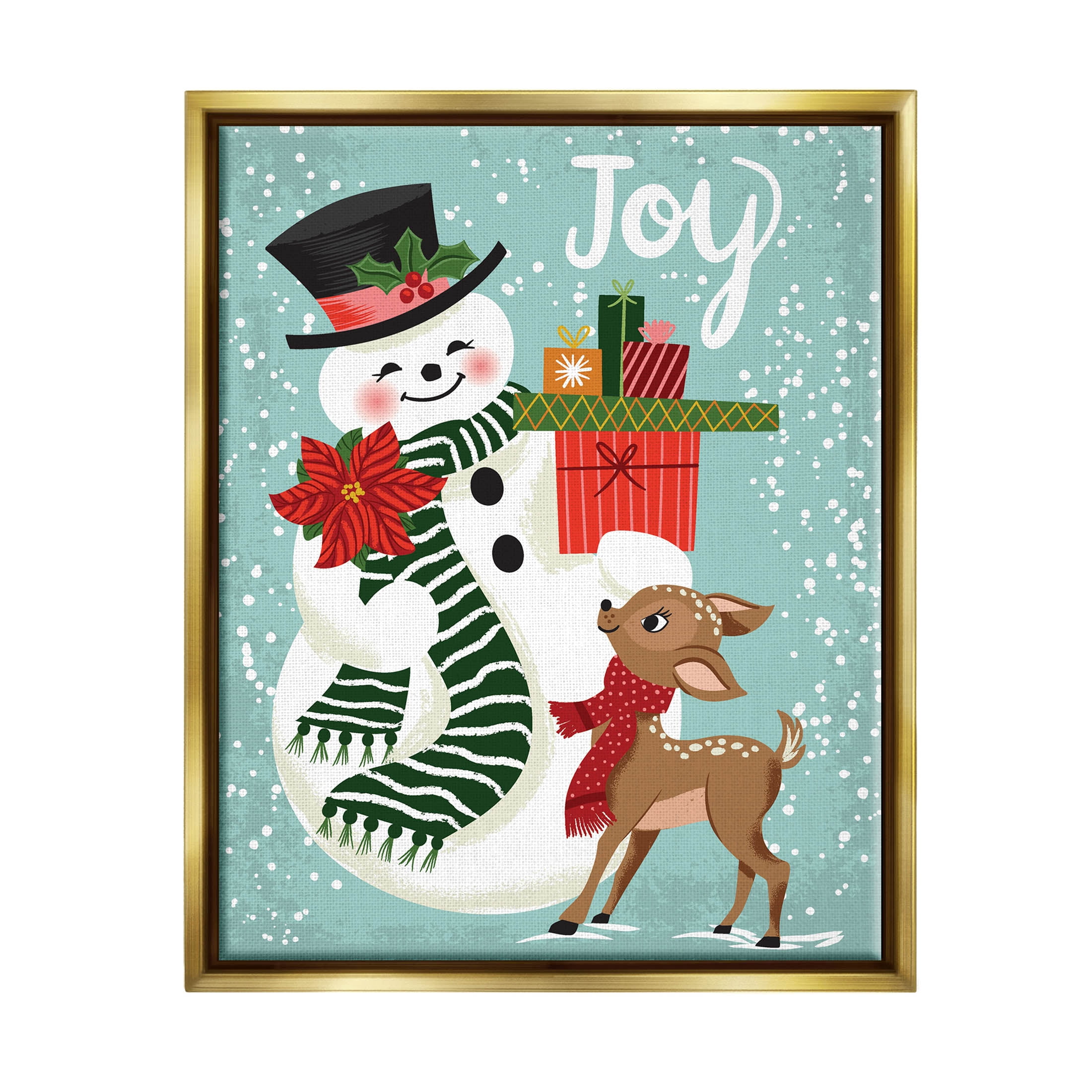 Joy Smiling Snowman Holiday Deer Holiday Graphic Art Metallic Gold Framed Art Print Wall Art