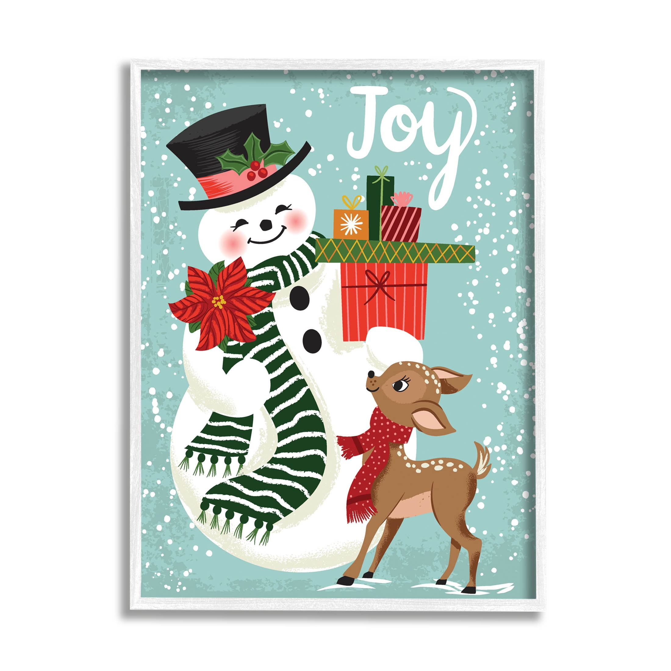 Joy Smiling Snowman Holiday Deer Holiday Graphic Art White Framed Art Print Wall Art