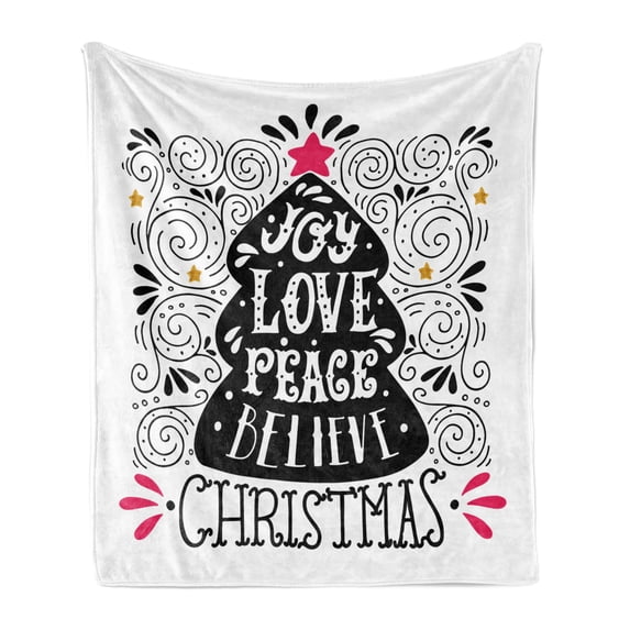 Joy Soft Flannel Fleece Blanket, Abstract Christmas Tree Pattern with a Tree Topper Curlicues Swirled Lines, Cozy Plush for Indoor and Outdoor Use, 50" x 70", Dark Coral Black White, by Ambesonne
