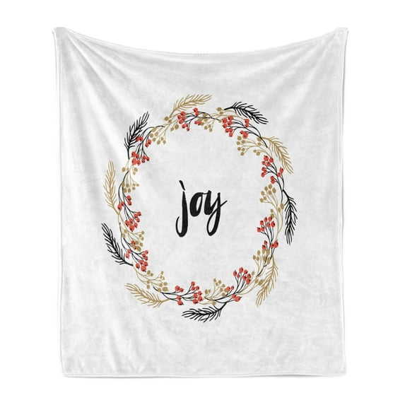 Joy Soft Flannel Fleece Blanket, Hand Drawn Phrases in Wreaths Vintage Floral Arrangement Foliage Xmas Design, Cozy Plush for Indoor and Outdoor Use, 70" x 90", Pale Brown Red Black, by Ambesonne