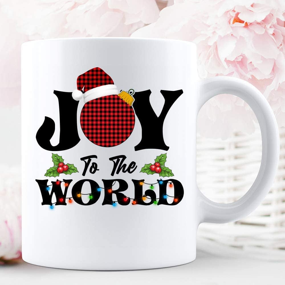 Joy To The World Ball Christmas Red Buffalo Plaid Xmas Holiday Season Ceramic Mug Graphic Coffee Mugs White Cups Tea Tops Custom Novelty 11 Oz 15 Oz