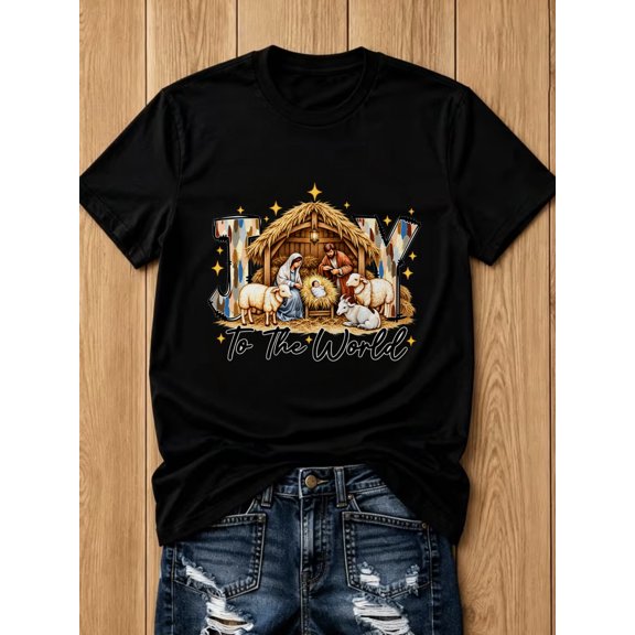 Joy To The World Nativity Scene Graphic Print Unisex Christmas Holiday Gift Cotton Men's Women's Tee Shirt