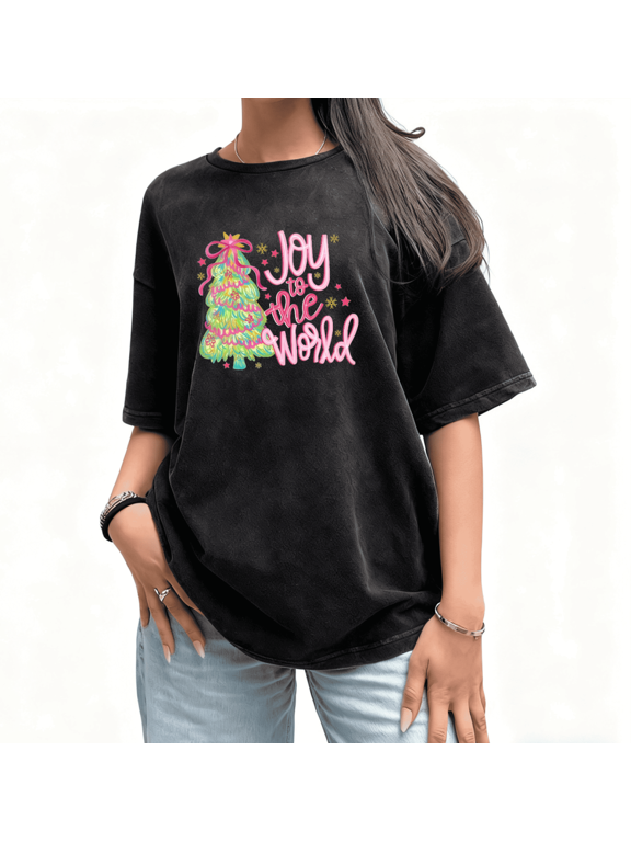 Joy To The World Print Tshirt Black Christmas Graphic Tees Shirts S-2XL Holiday Tops