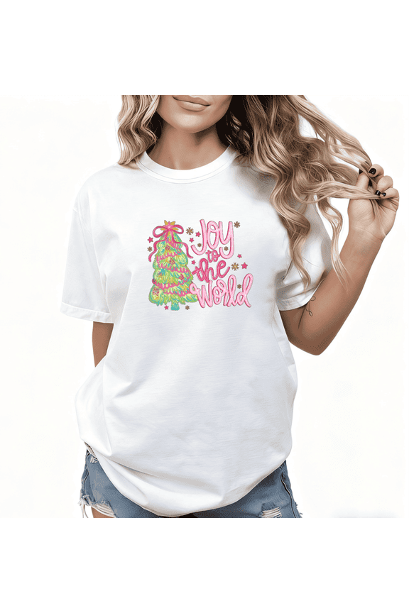 Joy To The World Print Tshirt trendy and popular round-neck design is retro White Graphic Tees Shirts S-5XL Christmas Classic Tops