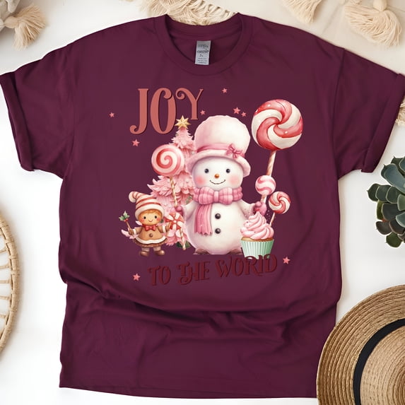 Joy To The World Snowman T-Shirt | Cute Holiday Candy Graphic Tee, Maroon, Size 2XL