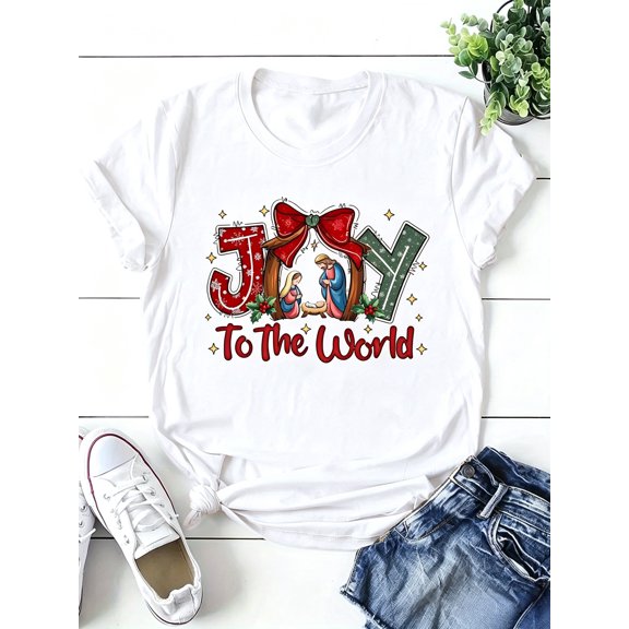 Joy To The World T-Shirt Christian Nativity Scene Christmas Red Bow Graphic Tee
