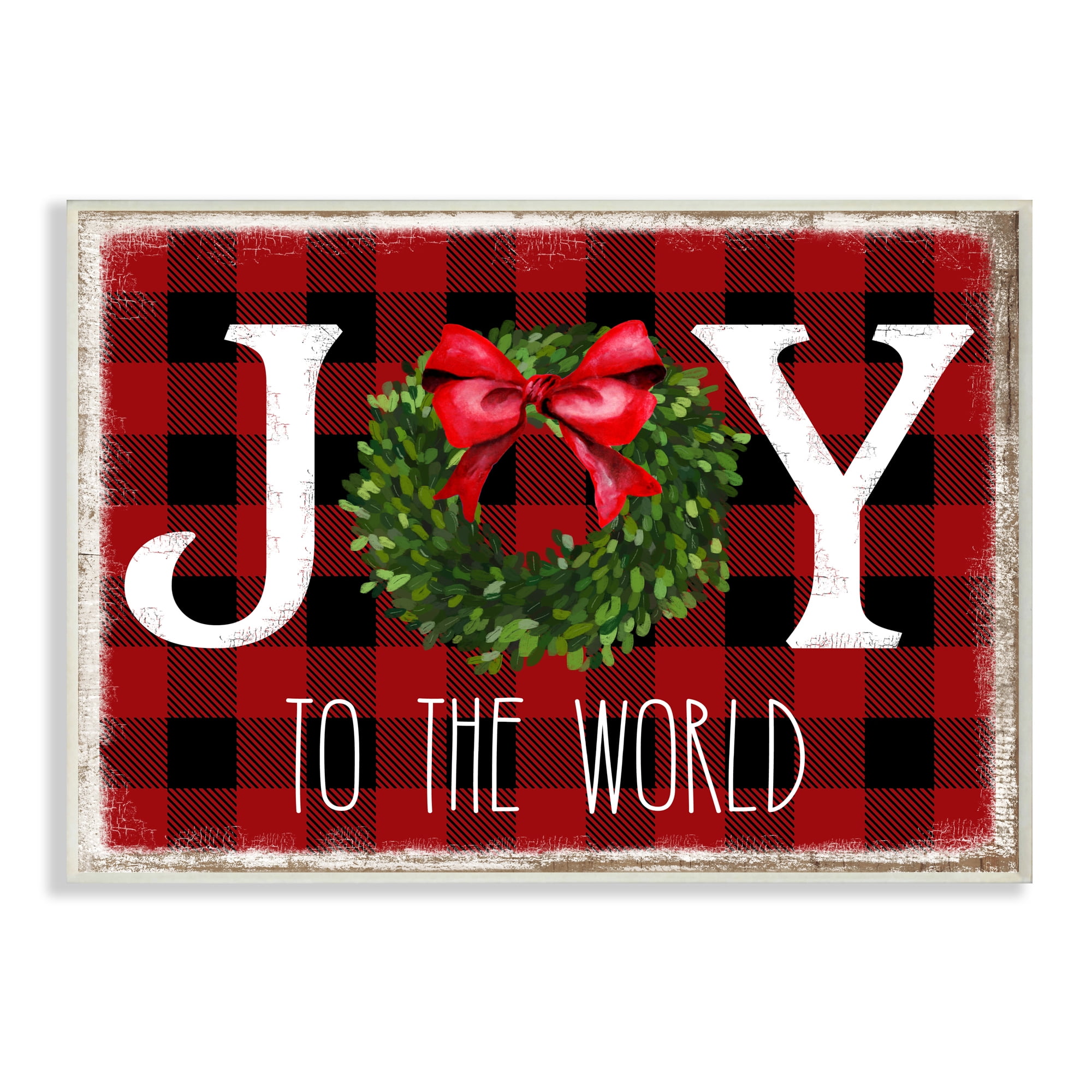 Joy To World Christmas Charm Buffalo Plaid Design 15 in x 10 in Framed Painting Art Prints, by Stupell Home Décor