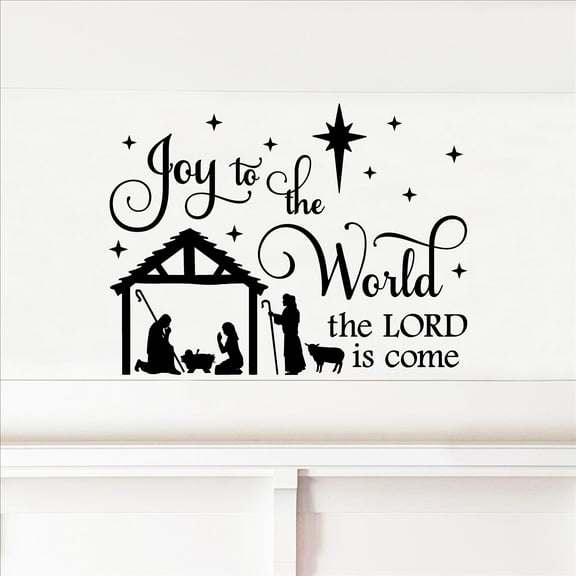 Joy to the World the LORD is come with Nativity Scene Manger Baby Jesus Holiday Decals Vinyl Lettering Christmas Wall Decal Size: 9.5"H x 12.5"L - Color: Black