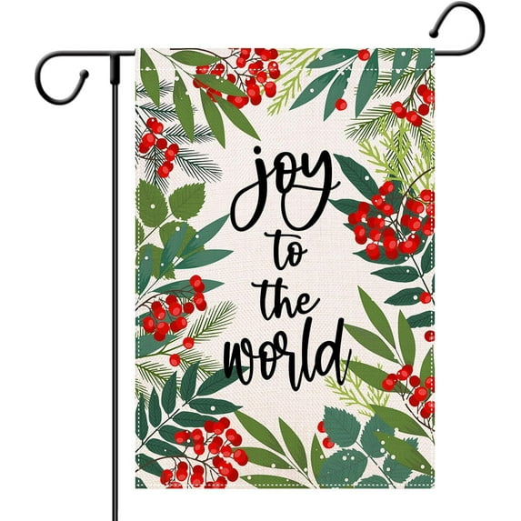 Joy To The World Merry Christmas Garden Flags 12.5x18 Double Sided Christmas Holly Leaf Branch Yard Flag Burlap Farmhouse Welcome Decorative Flags for Outside Outdoor Lawn Xmas Decoration