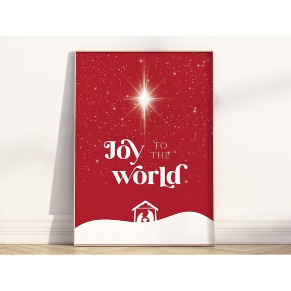 Joy To The World Nativity Scene Wall Art, Christian Minimalist Quote With Holy Family Mary Joseph Baby Jesus In Manger Wall Art Poster , Poster Print Only