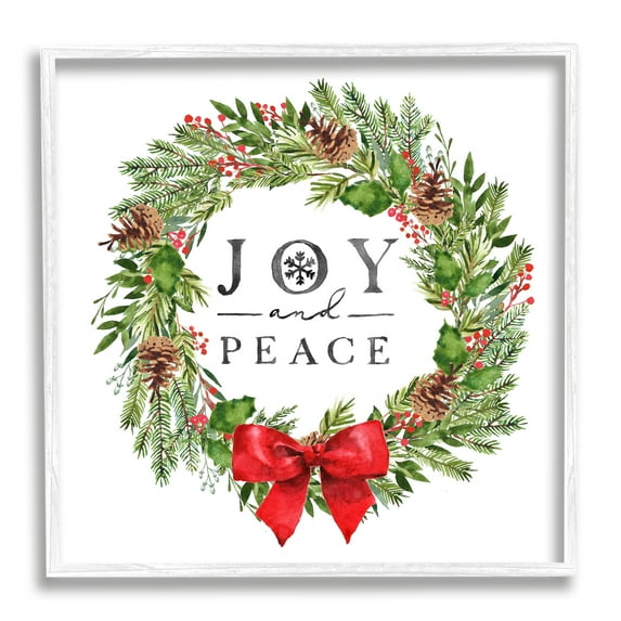 Joy and Peace Holiday Phrase Winter Pine Wreath Botanical & Floral Framed Art Print Wall Art, 17x17
