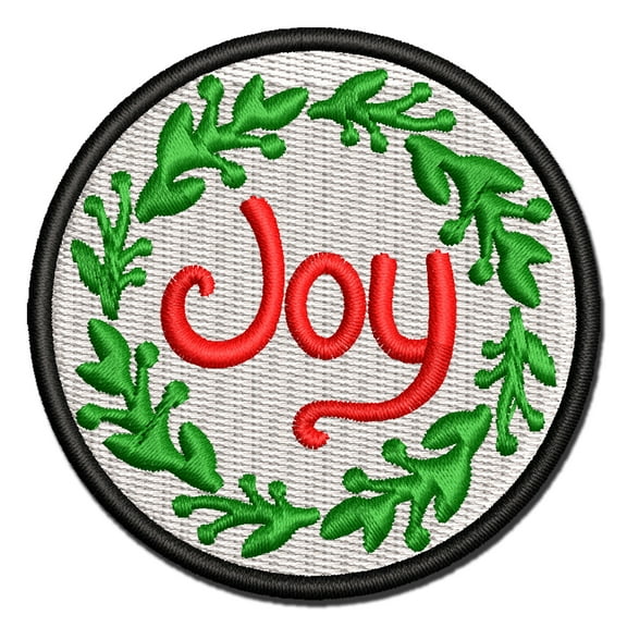 Joy in Wreath Christmas Applique Multi-Color Embroidered Hook & Loop Patch - 3 Inch Medium
