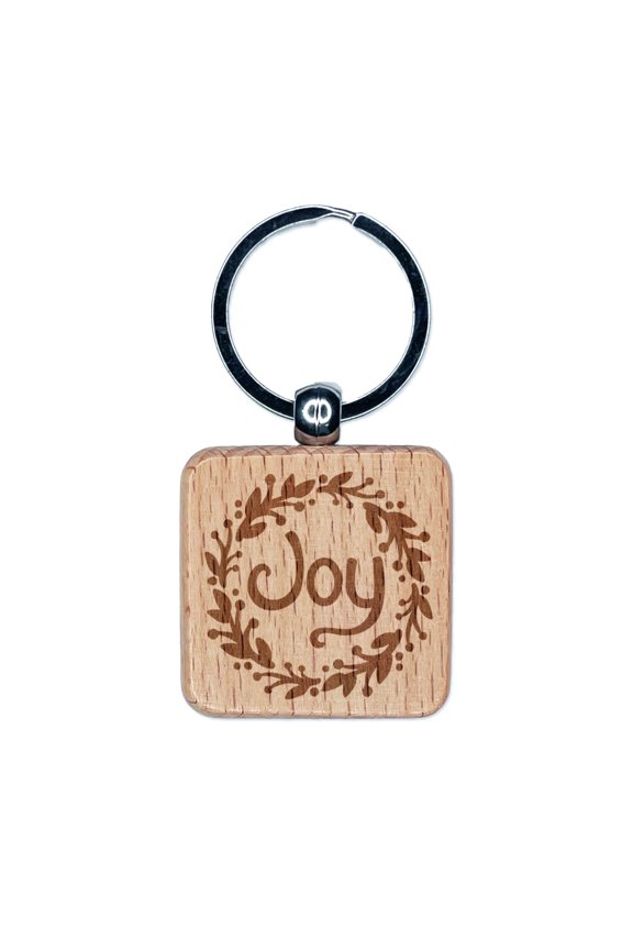 Joy in Wreath Christmas Square Keychain Charm Tag - Engraved Wood