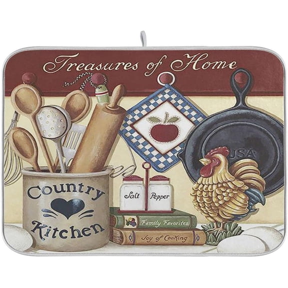 Joy of Cooking Dish Drying Mat Rooster Eggs Country Kitchen Microfiber Drying Mats Absorbent Reversible Dish Pad Large Dish Draining Mat 18x24 inch