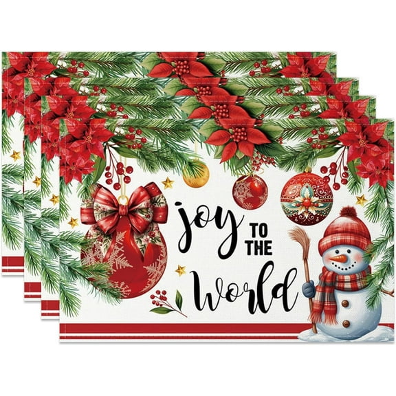 Joy to The World Xmas Red Balls Christmas Placemats Set of 4 Seasonal Winter Pine Cone Table Mats for Party Kitchen Dining Decoration 12x18 Inch