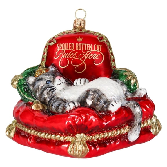 Joy to the World A Spoiled Rotten Cat Rules Here Polish Glass Christmas Tree Ornament