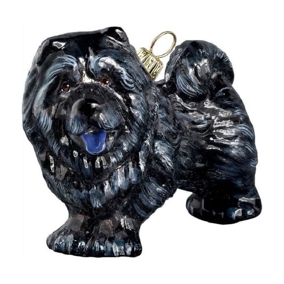 Joy to the World Black Chow Chow Standing Dog Polish Blown Glass Christmas Ornament