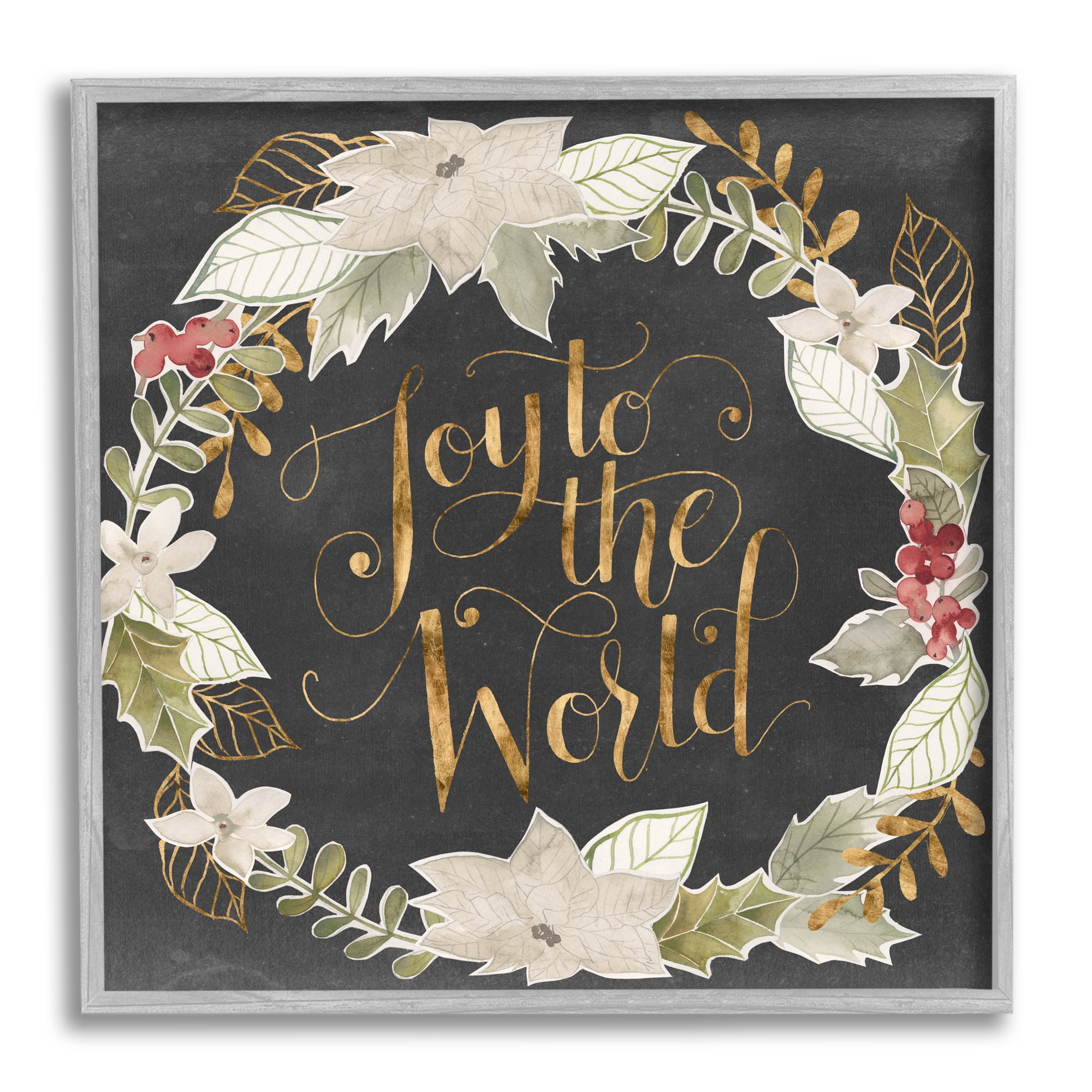 Joy to the World Chic Christmas Wreath Red Holly Inspirational Framed Art Print Wall Art, 17x17