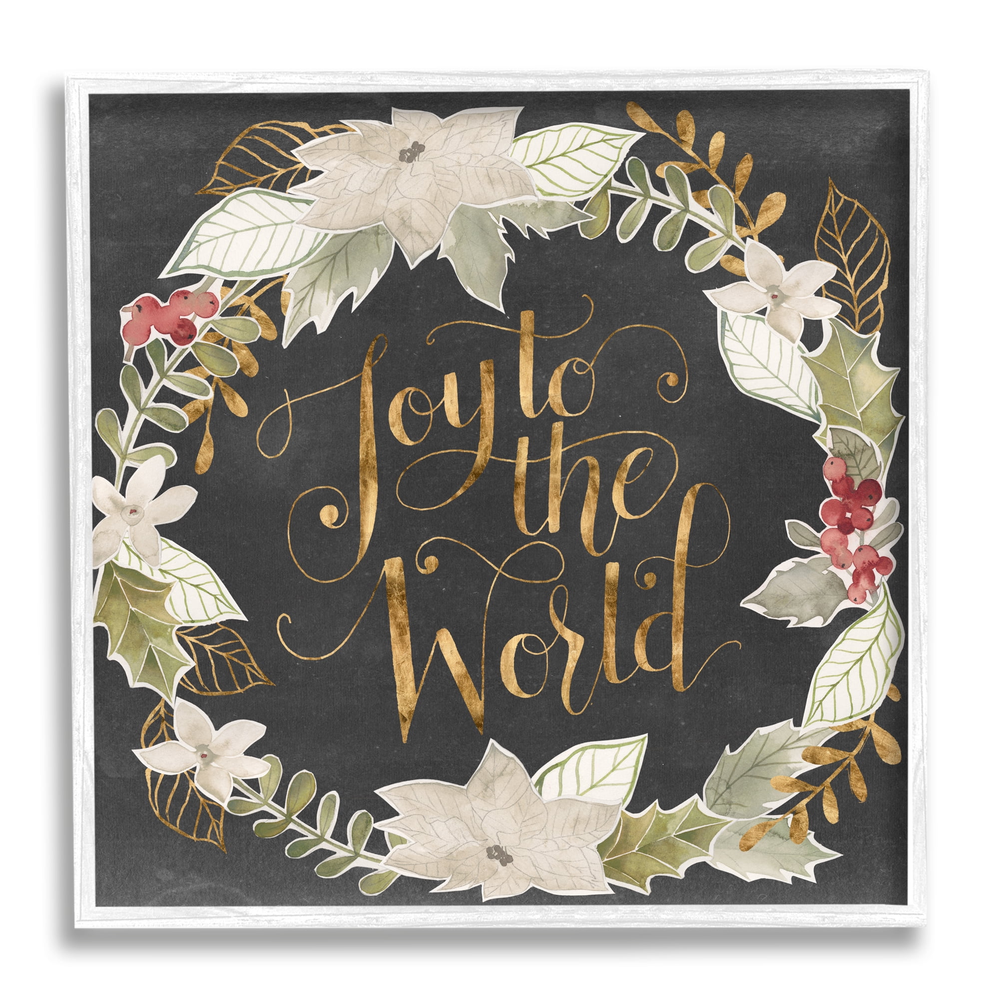 Joy to the World Chic Christmas Wreath Red Holly Inspirational Framed Art Print Wall Art, 17x17