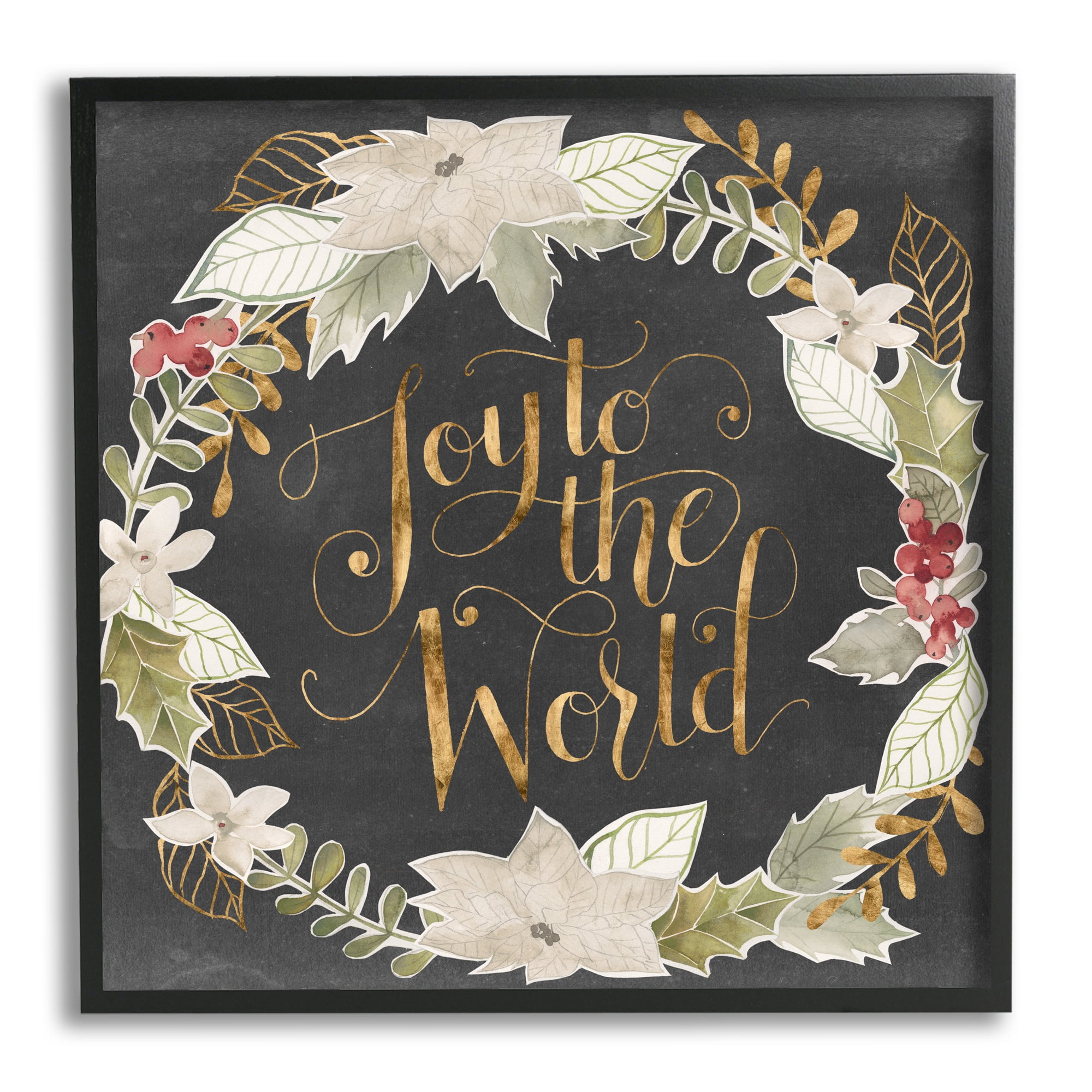 Joy to the World Chic Christmas Wreath Red Holly Inspirational Framed Art Print Wall Art, 17x17