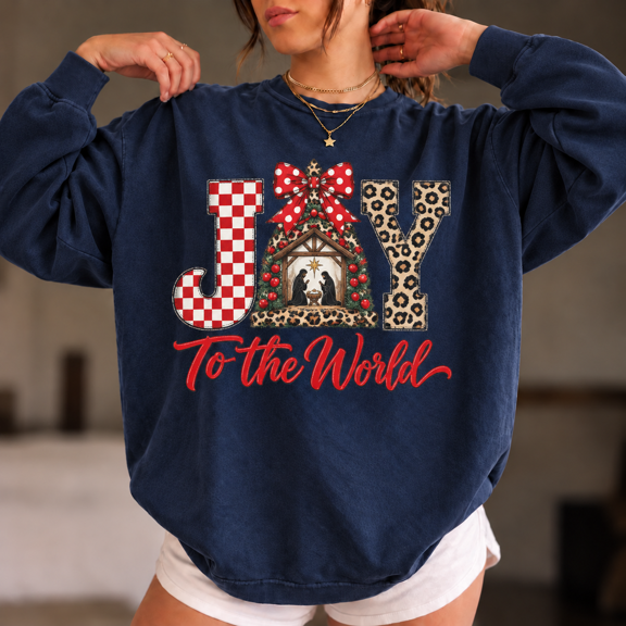 Joy to the World Christmas Nativity Graphic Crewneck Sweatshirt, Holiday Pullover