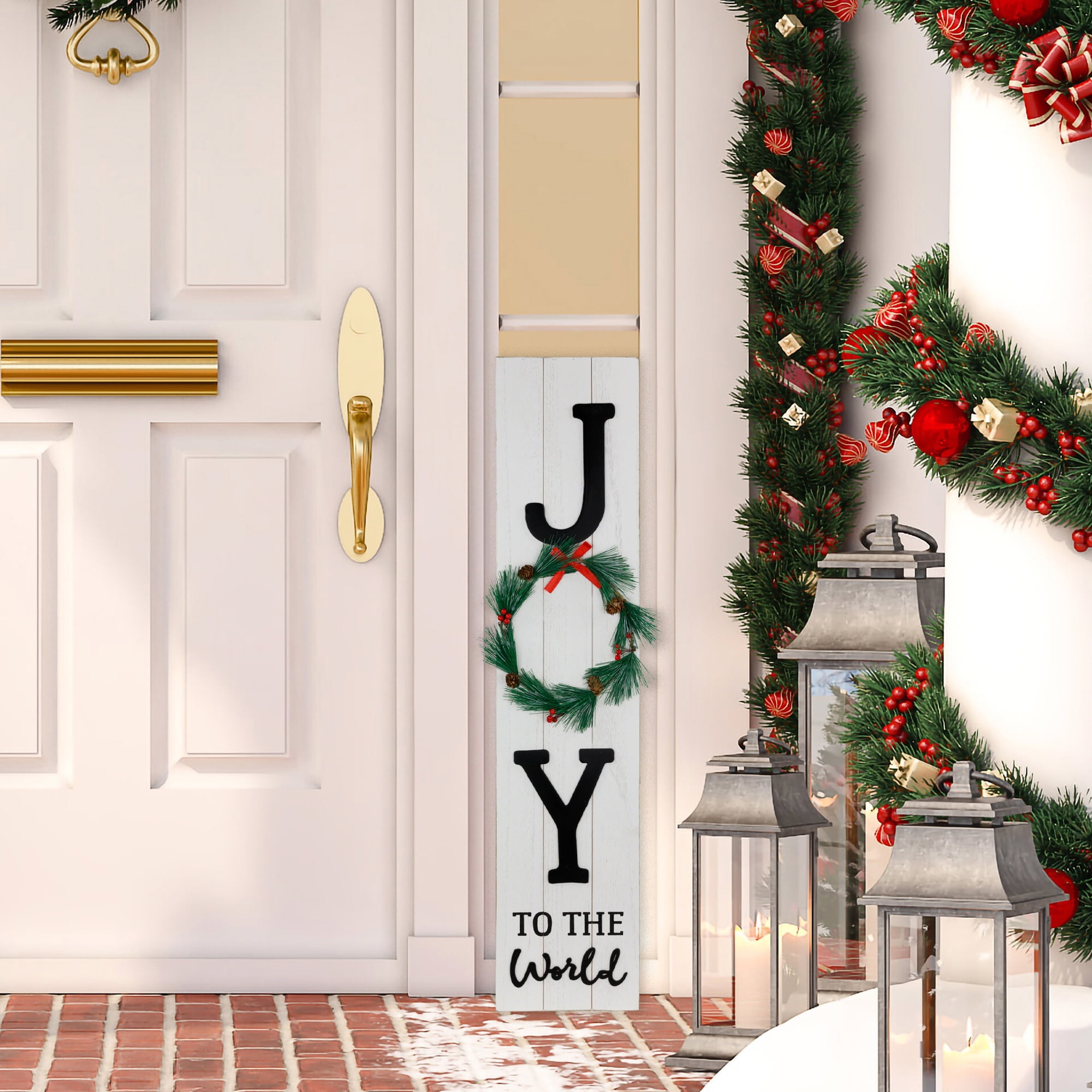 Joy to the World White-Washed Wooden Christmas Porch Sign with Wreath
