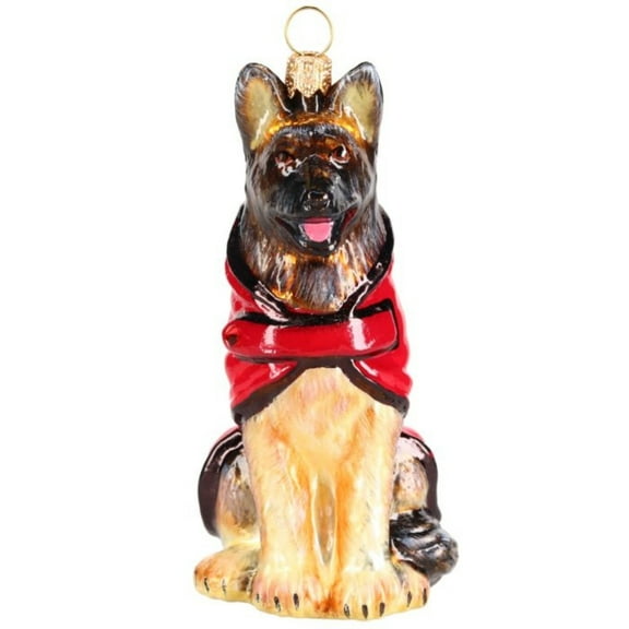 Joy to the World German Shepherd in Red & Black Jacket Polish Glass Ornament