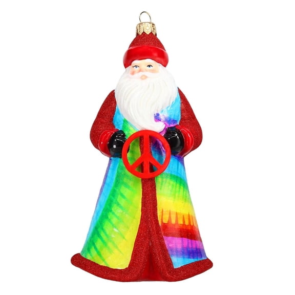 Joy to the World Glitterazzi Tie Dye Santa with Peace Sign Polish Glass Christmas Ornament