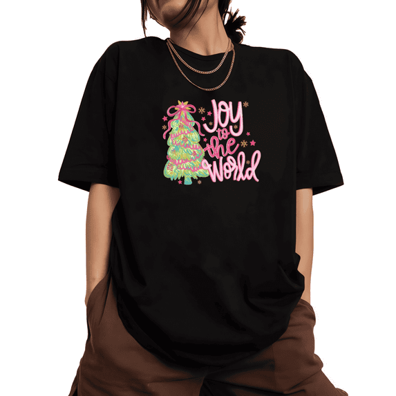 Joy to the World Graphic T-Shirt - Colorful Christmas Tree Print Short Sleeve Tee with Pink Bow Gold Stars, Festive Tops