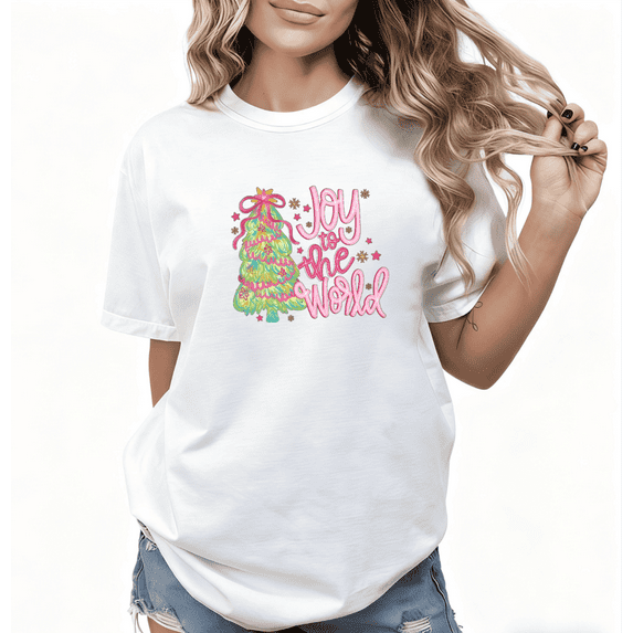 Joy to the World Graphic T-Shirt - Colorful Christmas Tree Print Short Sleeve Tee with Pink Bow Gold Stars, Festive Tops