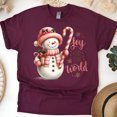thumbnail image 1 of Joy to the World Snowman T-Shirt | Holiday Candy Cane Graphic Tee, Maroon, Size S, 1 of 6