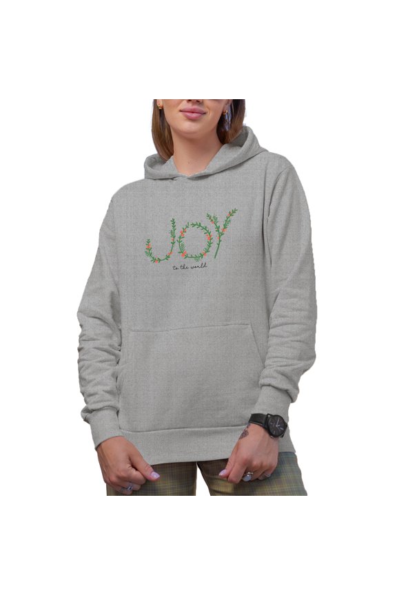 Joy to the World with Hand Drawn Vines, Christmas Art Merch Gift, Heather Grey Hooded Sweatshirt or Hoodie, Small