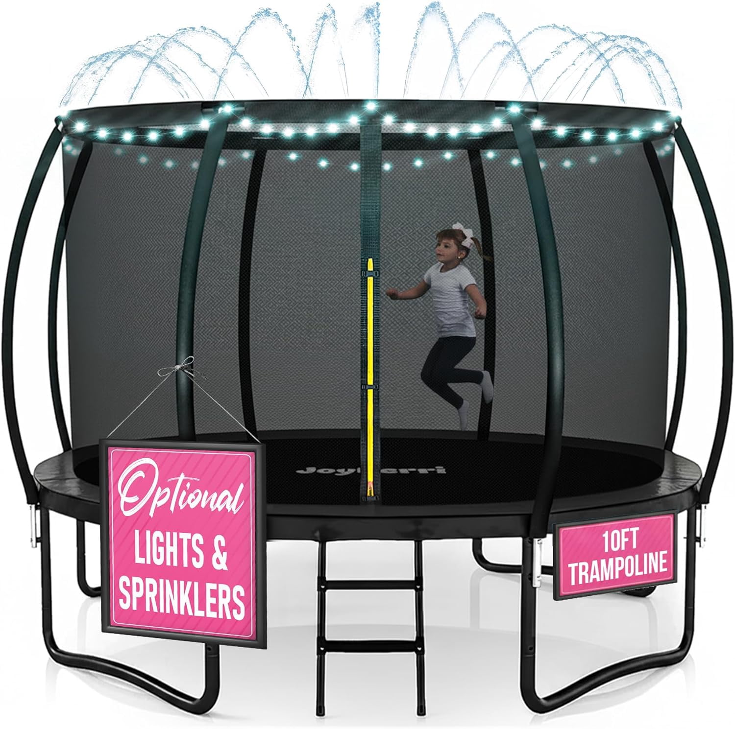JoyBerri Outdoor Trampoline – ASTM Certified Safe Recreational Trampoline with Enclosure Net, Ladder, Sprinkler, LED Lights – Rust-Resistant Frame for Kids & Adults - Size 10ft - Black