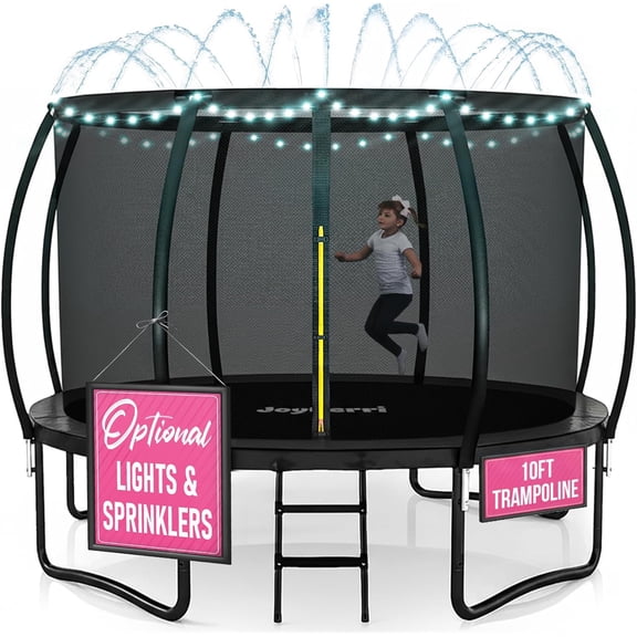 JoyBerri Outdoor Trampoline – ASTM Certified Safe Recreational Trampoline with Enclosure Net, Ladder, Sprinkler, LED Lights – Rust-Resistant Frame for Kids & Adults - Size 10ft - Black