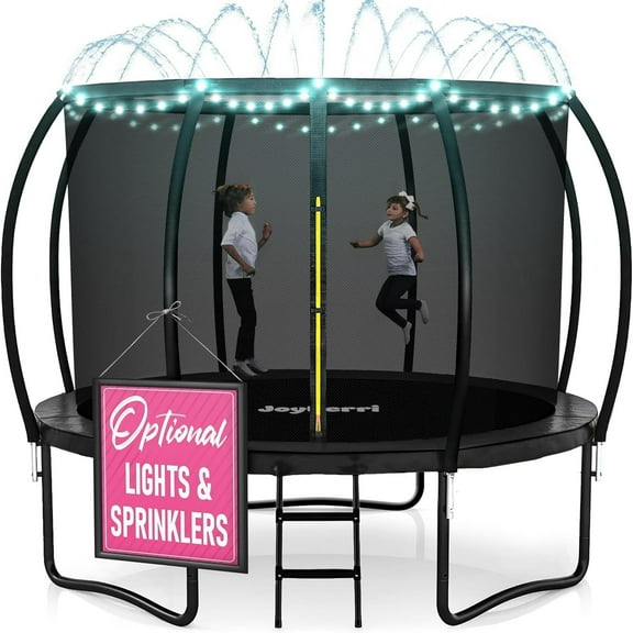 JoyBerri Outdoor Trampoline with Enclosure Net – ASTM Certified Safe Recreational Trampoline for Kids & Adults, Rust-Resistant Steel Frame, Ladder, LED Lights & Sprinkler - 8FT - Black