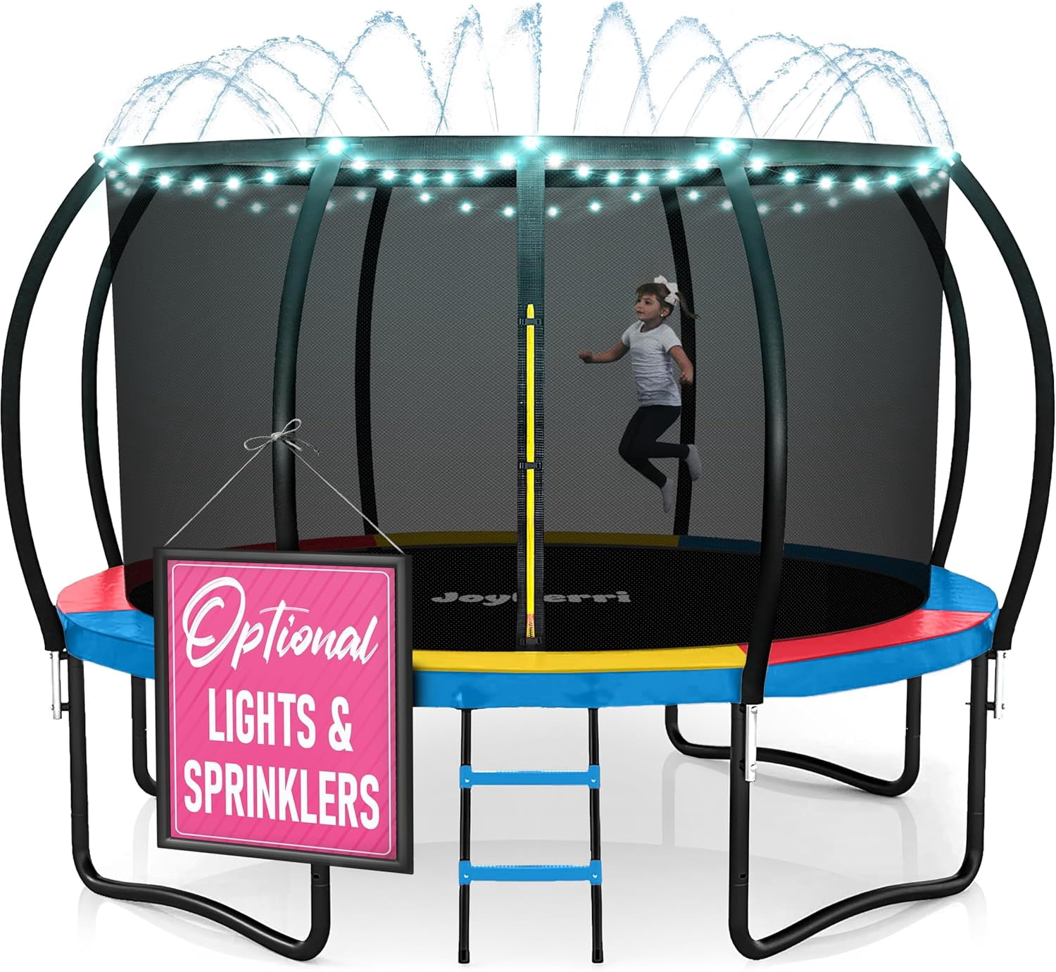 JoyBerri Rebounder Trampoline for Adults and Kids – Outdoor Recreational Trampoline with Safety Enclosure Net, Ladder, LED Lights & Sprinkler – ASTM Certified Family Fun Trampoline - Colorful