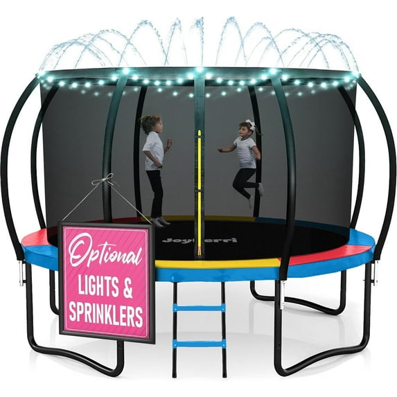 JoyBerri Rebounder Trampoline for Adults and Kids – Outdoor Recreational Trampoline with Safety Enclosure Net, Ladder, LED Lights & Sprinkler – ASTM Certified Family Fun Trampoline - Colorful