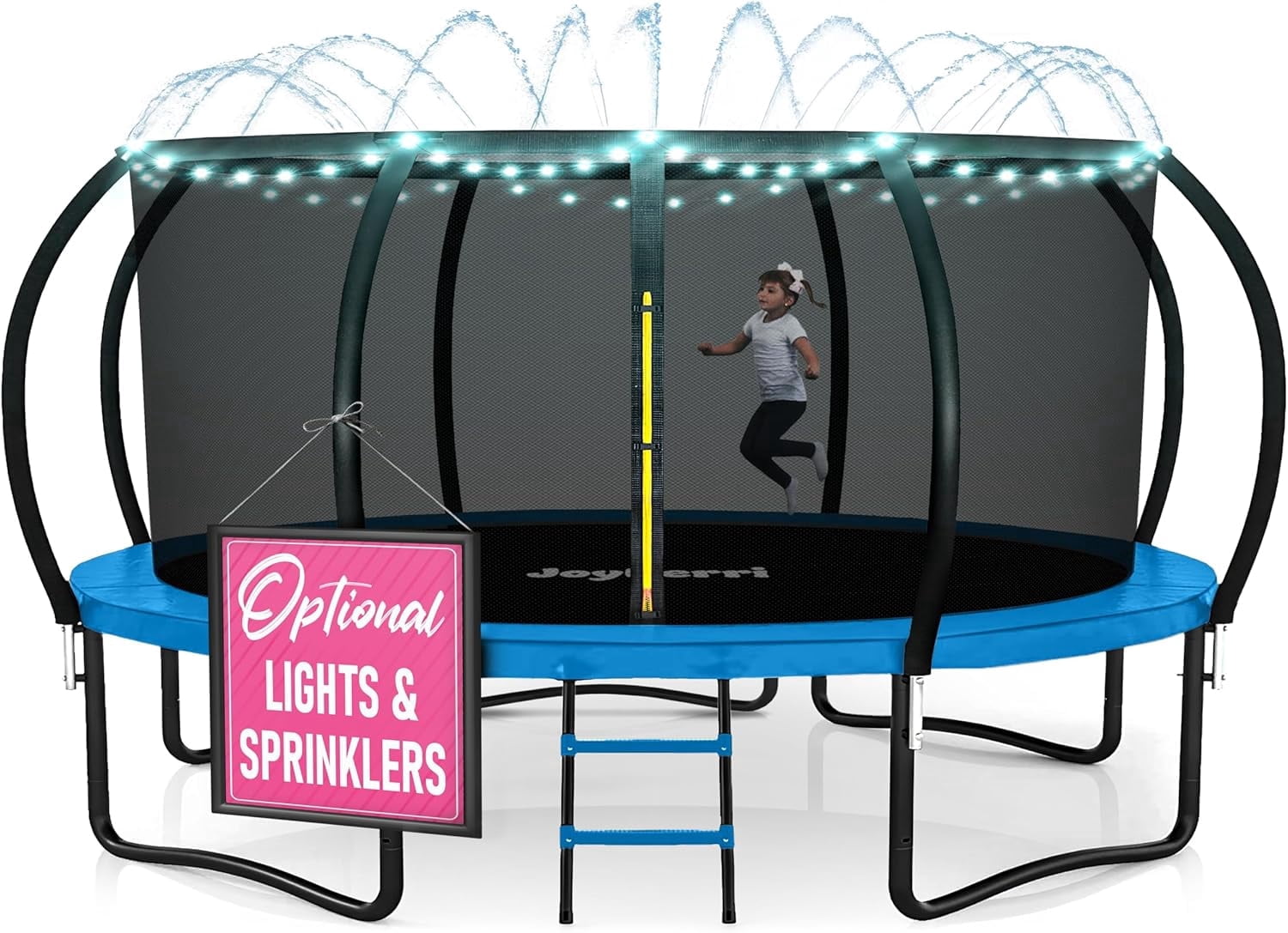 JoyBerri Outdoor Trampoline with Enclosure Net, Ladder, LED Lights & Sprinkler – ASTM Certified Safe, Rust-Resistant Steel Frame – 16FT Size - Blue