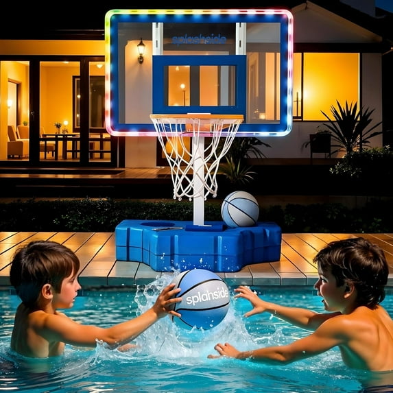 JoyBerri Pool Basketball Hoop – Adjustable Height & Rust-Resistant Poolside Basketball Goal with LED Lights, Premium Balls & Pump | Weatherproof Hoop for Kids & Adults, Indoor/Outdoor Play