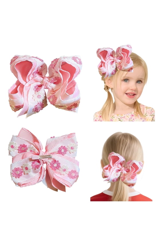 1 Pack 5.5in x 7.5in Floral Embroidered Hair Bow, Layered Ruffle Grosgrain Ribbon Clip for Girls