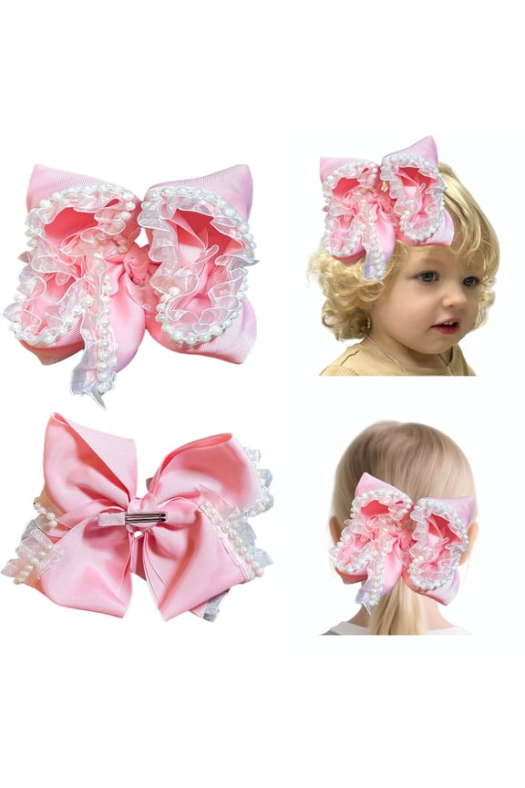 1 Pc 7.5in Pink Toddler Girls Pearl Ruffled Layered Ribbon Hair Bows