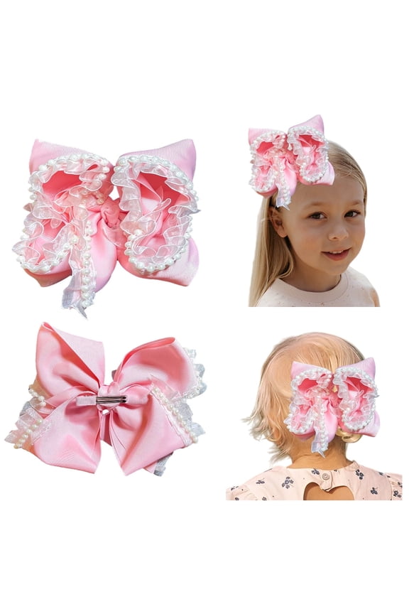 1 Pc 7.5in Pink bow Baby pink hair bows Toddler bows for Girls Pearl Ruffled Layered Ribbon Hair Clips