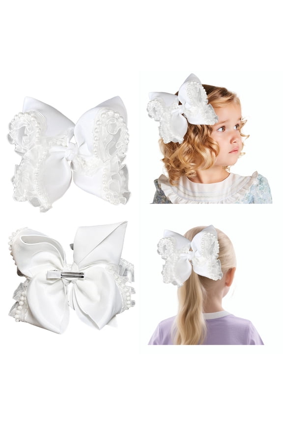 1 Pc 7.5in White bow Baby white hair bows Toddler bows for Girls Pearl Ruffled Lace Ribbon Hair Clips