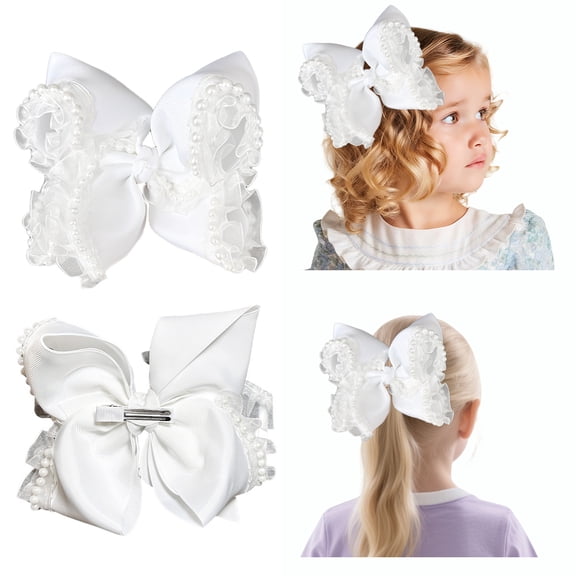 JoyBowie 1 Pc 7.5in White bow Baby white hair bows Toddler bows for Girls Pearl Ruffled Lace Ribbon Hair Clips