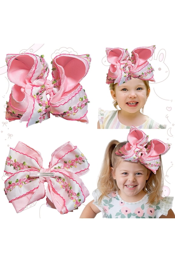 1 Pcs 7.5 Inch Large Hair Bows Floral Embroidered Ruffled Design for Toddler Girls Hair Accessories