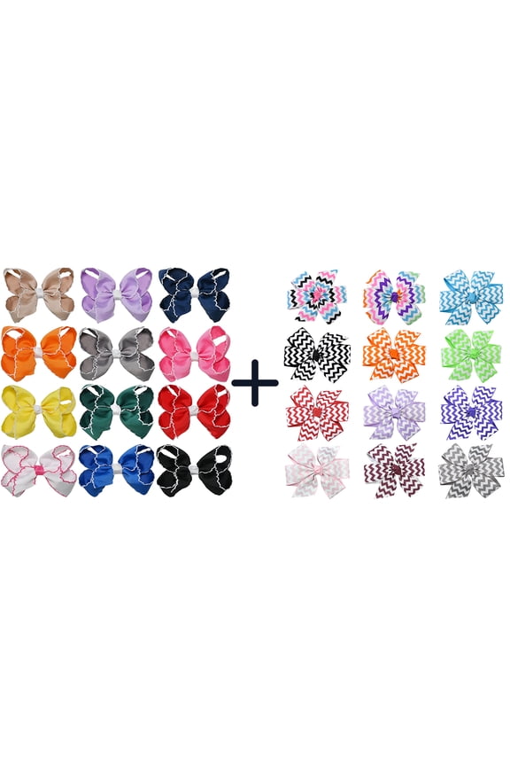 12+12 Pack Small Ruffled Hair Bows & Chevron Print Hair Bows, Alligator Clips for Girls