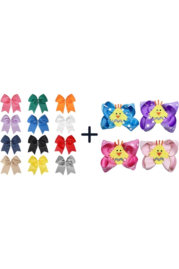 12+4 Pack Large Cheer Bows & Easter Chick Hair Bows, Elastic Ties & Alligator Clips for Girls
