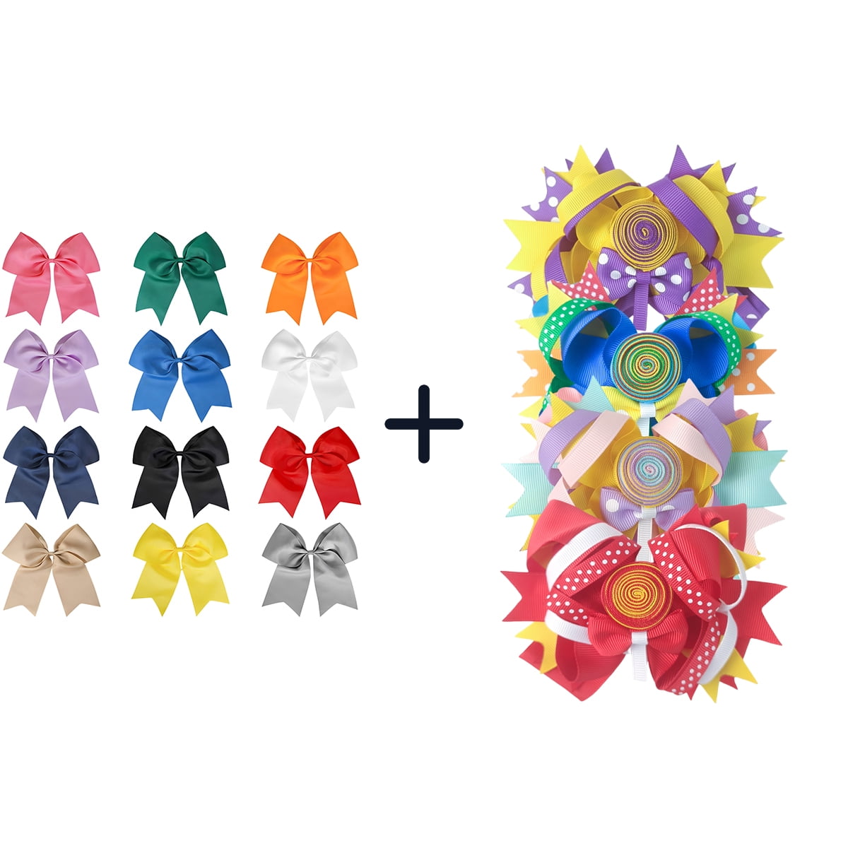 JoyBowie 12+4 Pack Large Cheer Bows & Lollipop Hair Clips, Elastic Ties for Girls