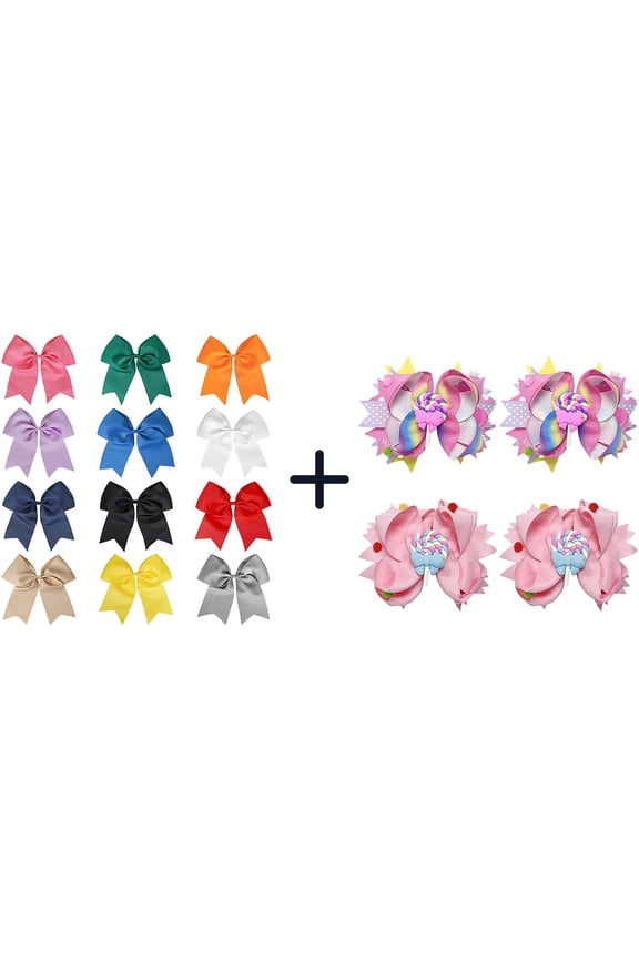 12+4 Pack Large Cheer Bows & Lollipop Spike Hair Bows, Elastic Ties & Alligator Clips for Girls