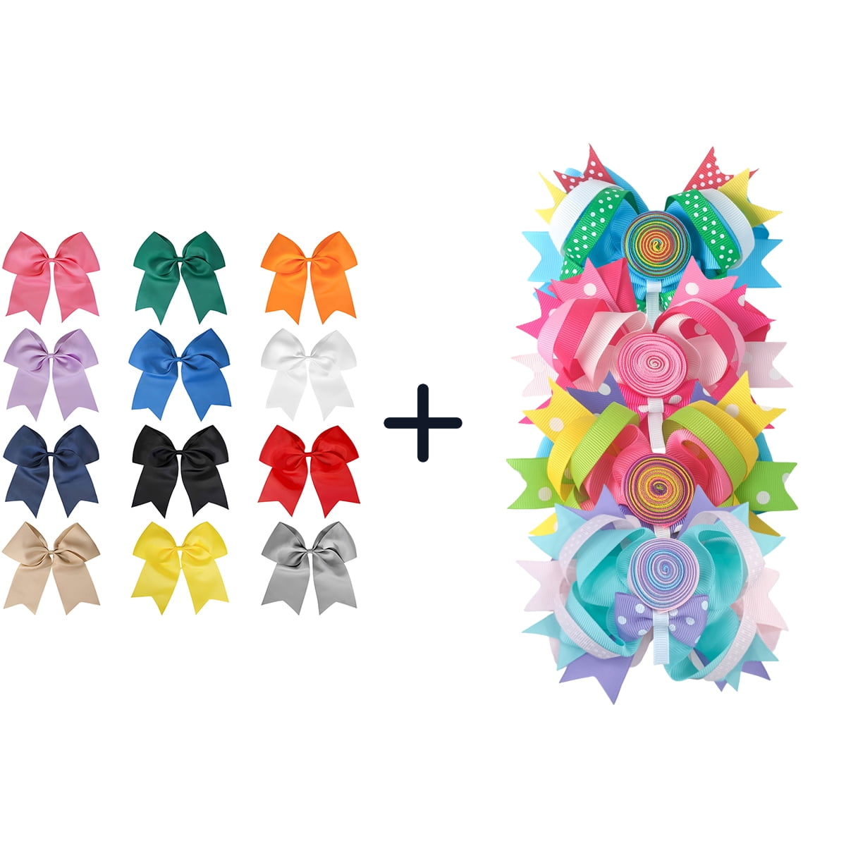 JoyBowie 12+4 Pack Large Cheer Bows & Rainbow Lollipop Hair Clips, Elastic Ties for Girls